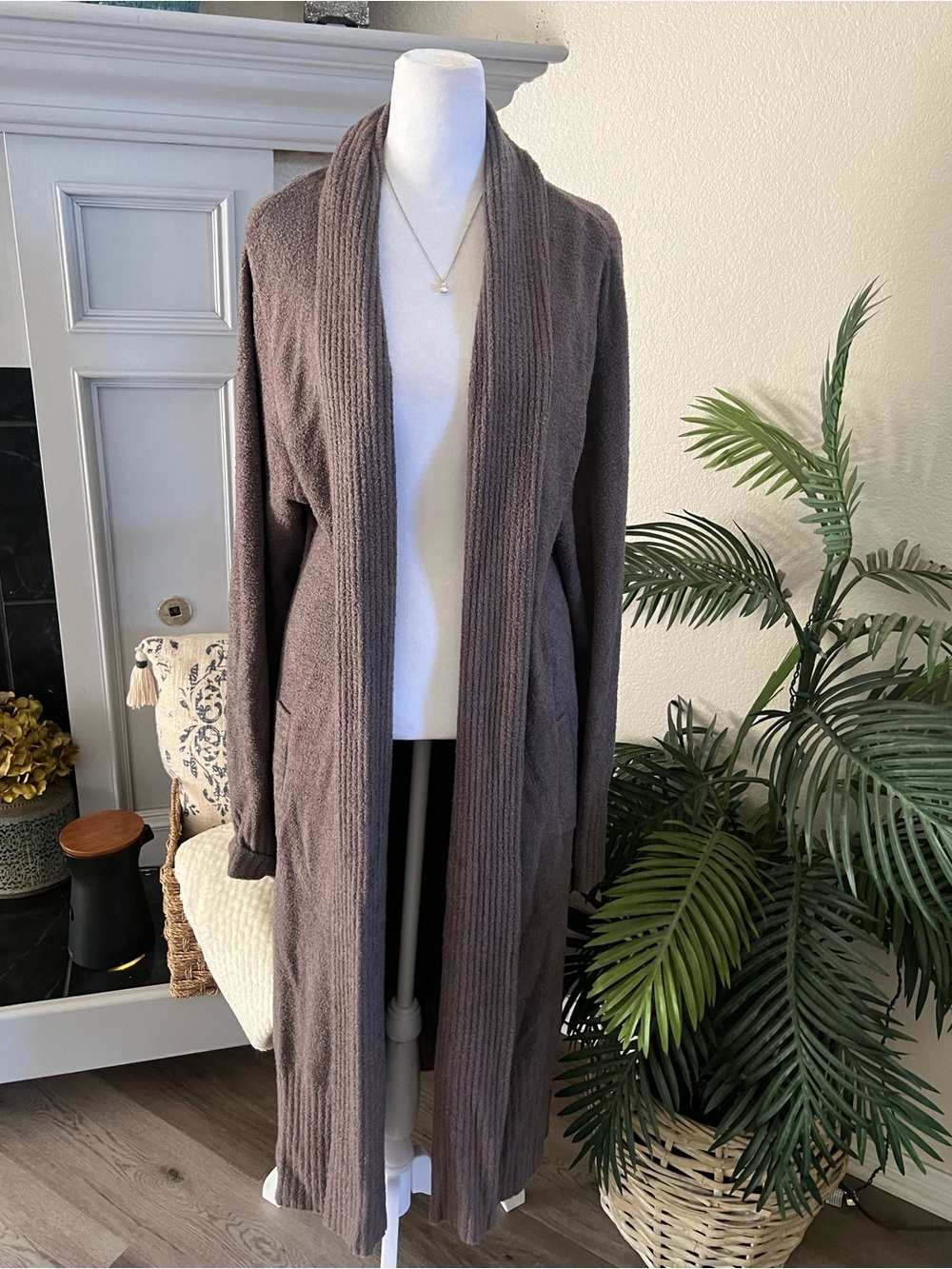 Barefoot Dreams Long Open-Front Cardigan in Taupe